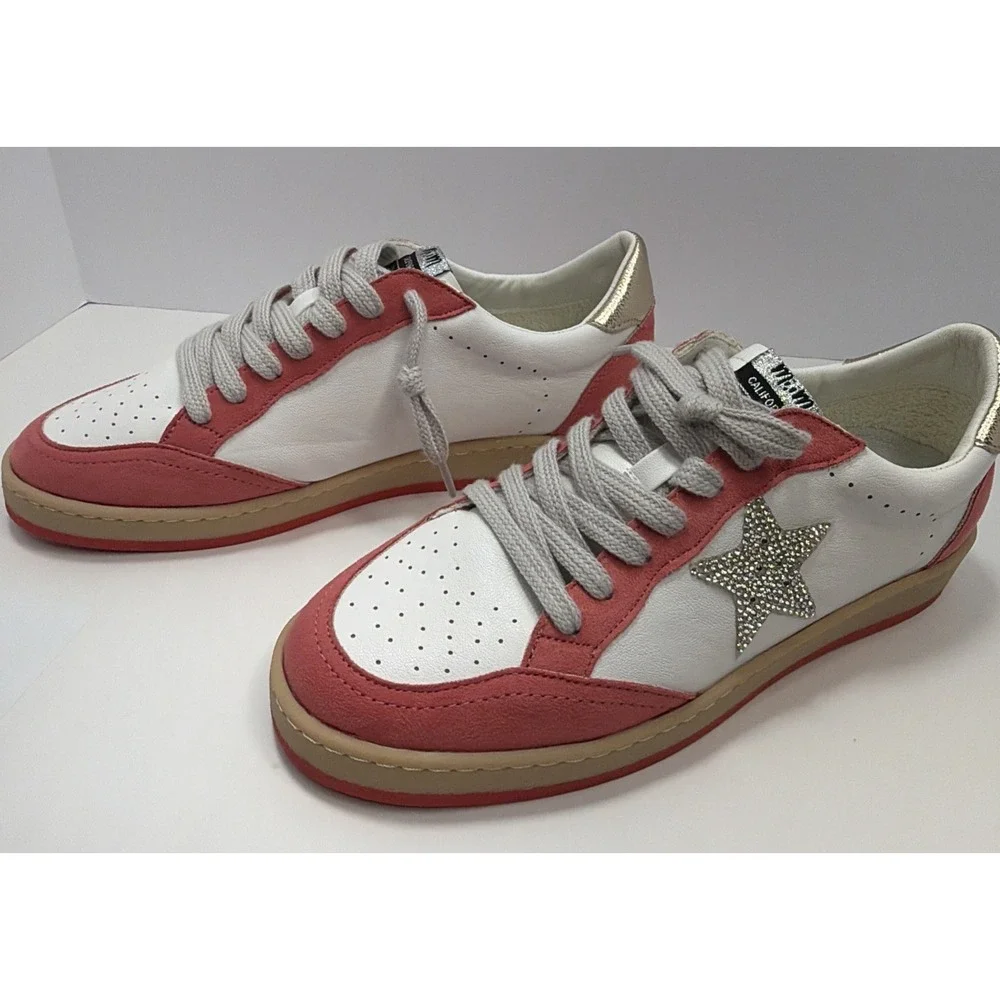 Mimi Women's Avery Leather Sneaker White/Salmon Pink with Sparkly Star Size 9